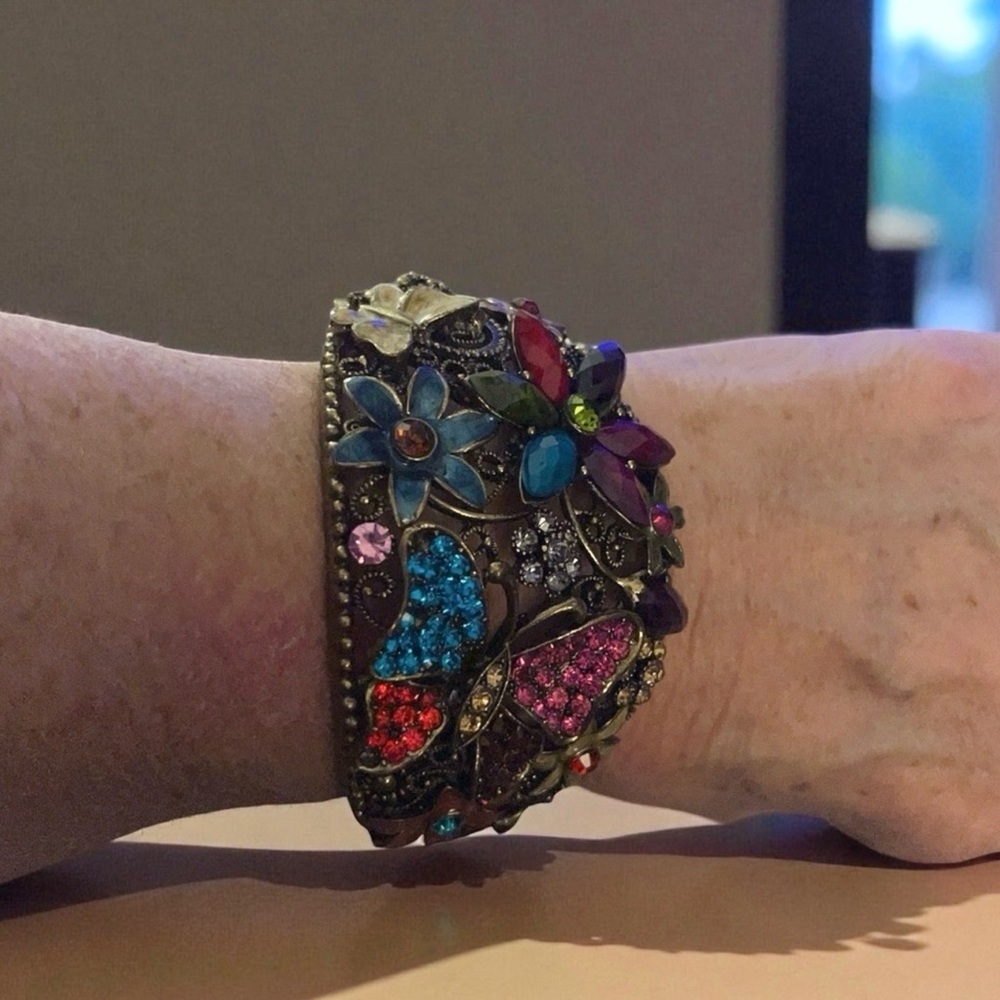 Gorgeous Colorful Floral and Butterfly Women's Hinged Cuff Bracelet